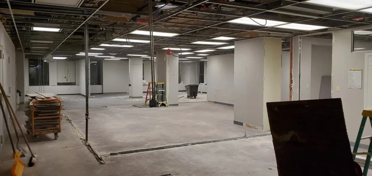 An office floor opened up for renovation